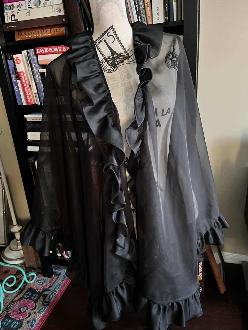 Frank Usher Sheer Ruffle-Trim Black Cape